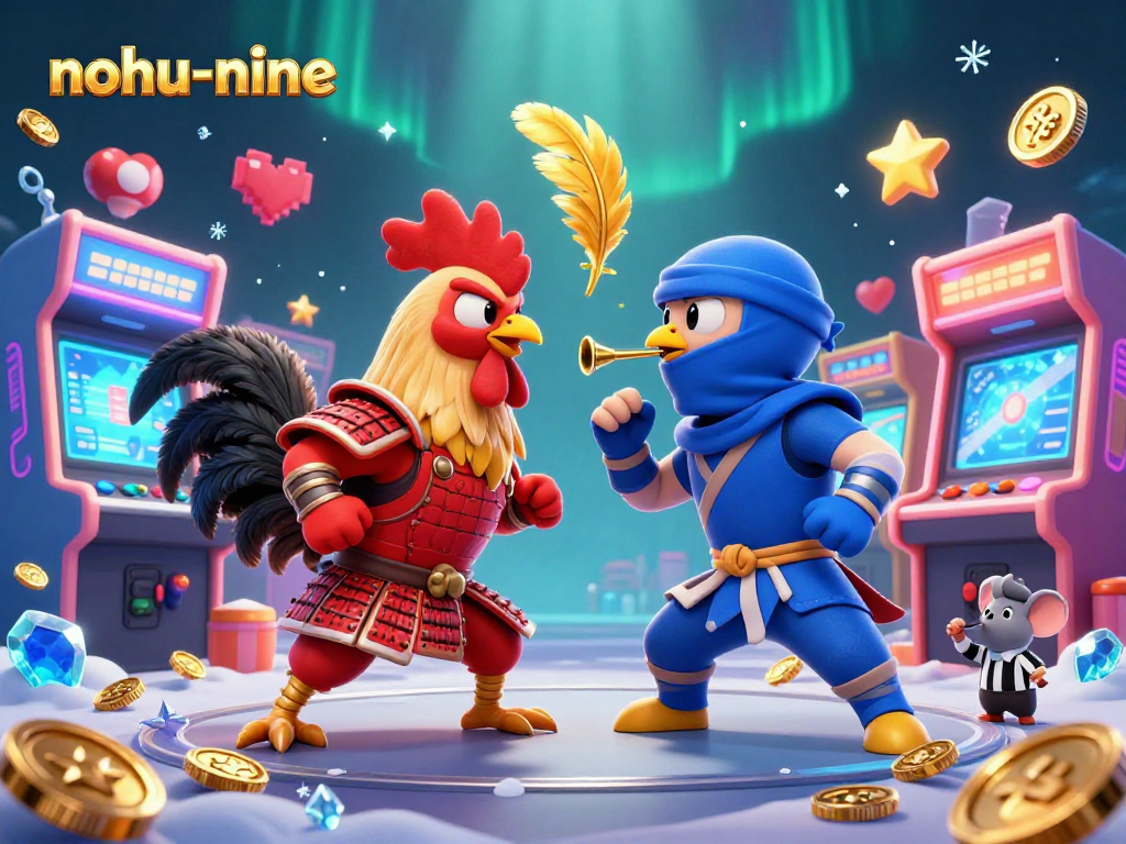 Engage in the thrilling standoff of nohu-nine with samurai and ninja roosters amidst glowing casino elements.