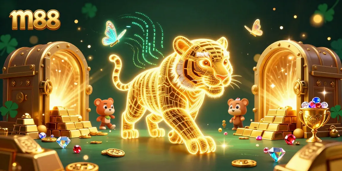 m88 offers an exhilarating experience with a glowing golden tiger in a vibrant casino landscape.