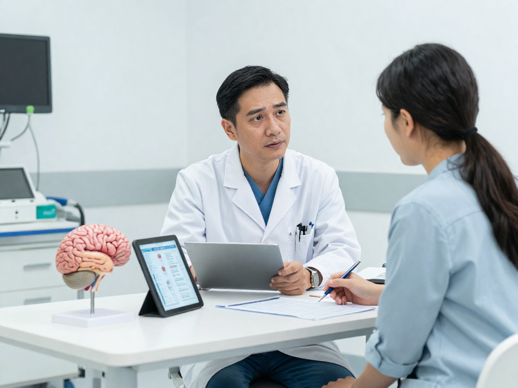 Patient discussing beyin tümörü ameliyatı options with a neurosurgeon in a modern hospital setting.