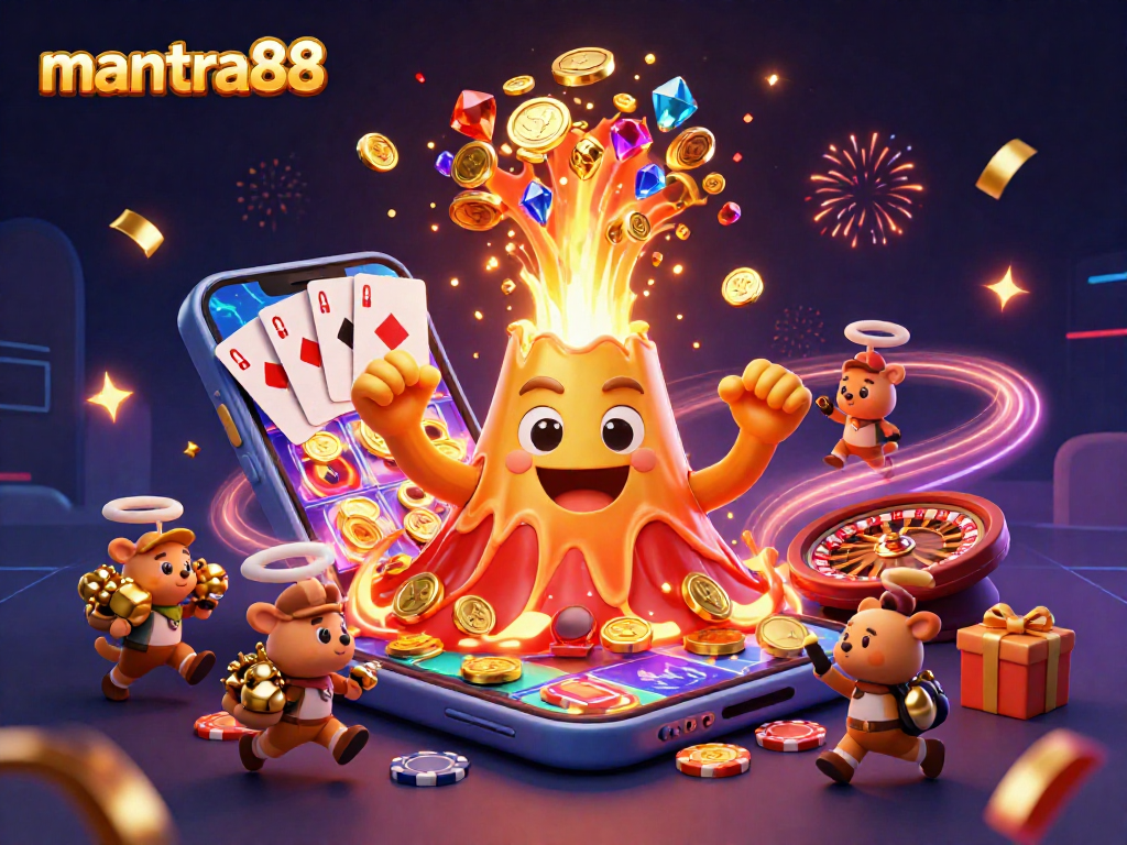 Experience the excitement of mantra88 with vibrant visuals of coins and treasure cascading from a golden volcano