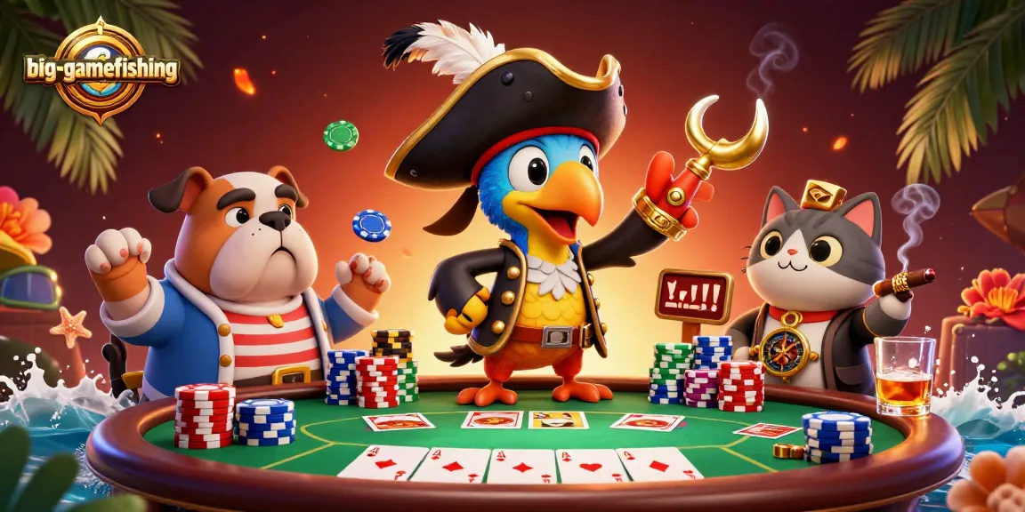 Big-gamefishing adventure featuring poker elements and animated pirate characters in a vibrant scene.