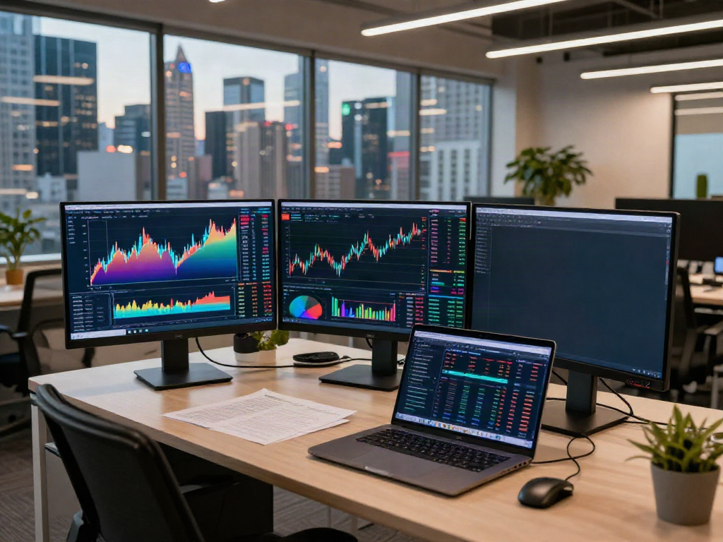 金融数据API平台 in a professional trading setup featuring cryptocurrencies and market analytics on dual monitors.
