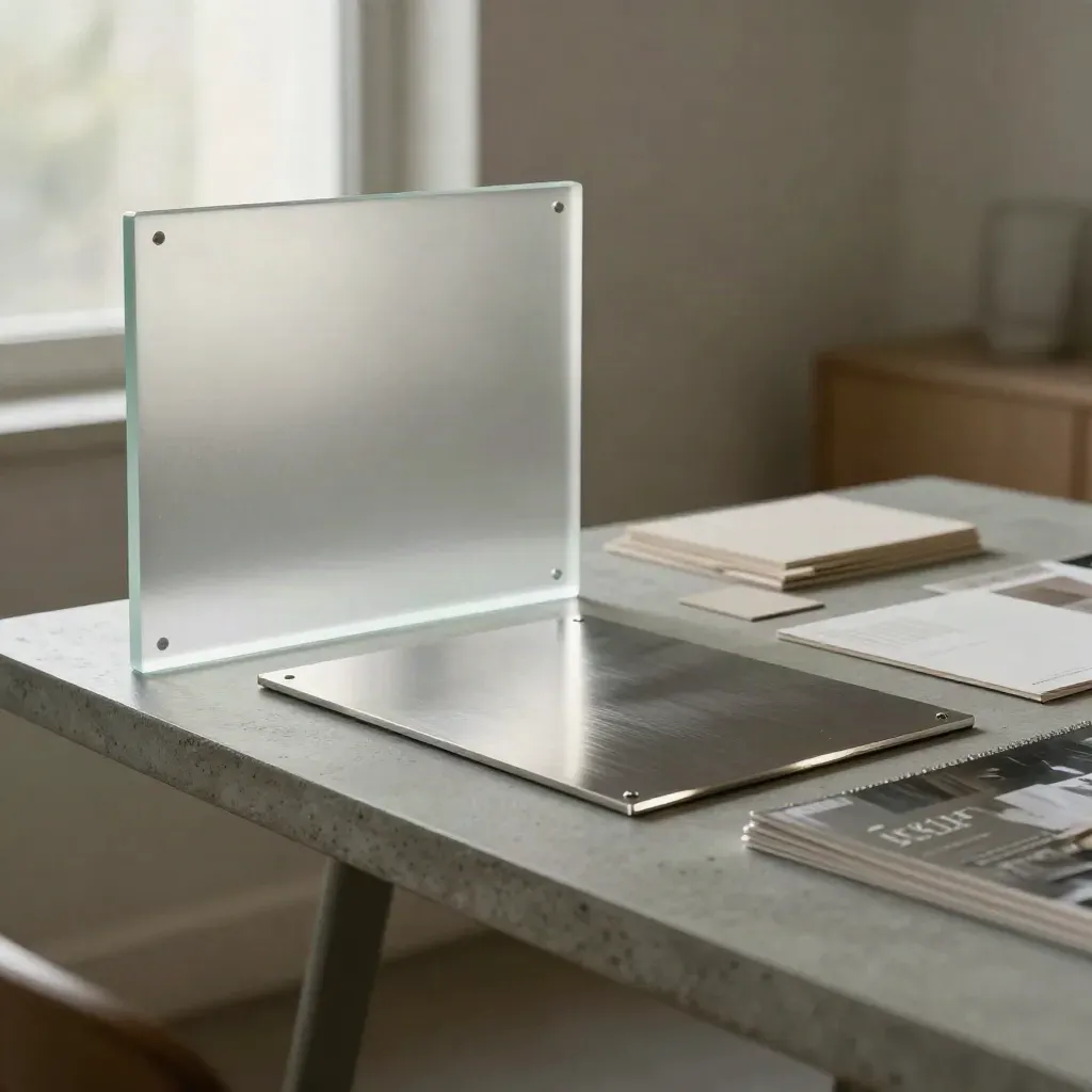 Rain-lit studio table with acrylic brand boards, packaging mockups and silver identity materials.