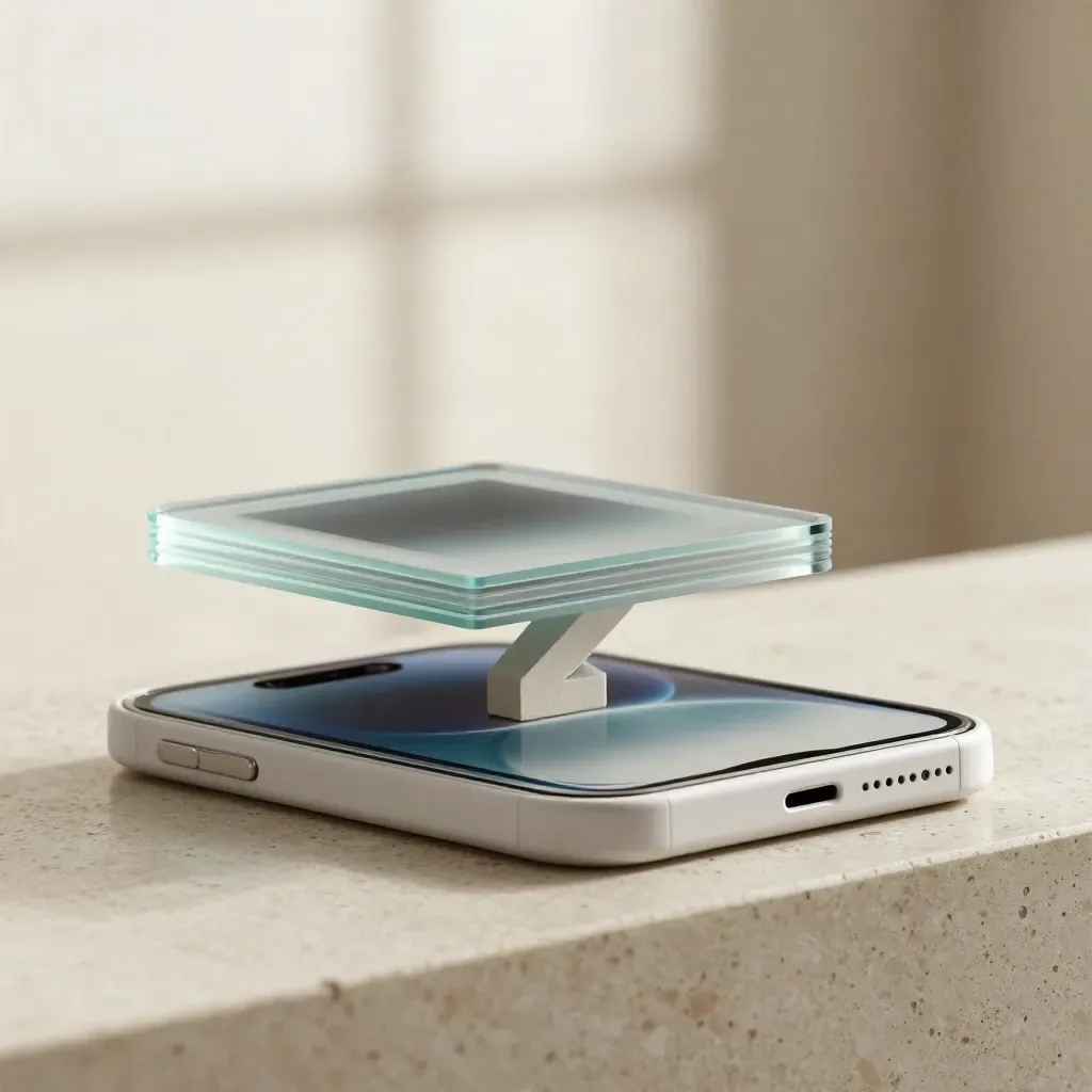 Layered website mockup shells in motion on travertine with soft teal reflections.