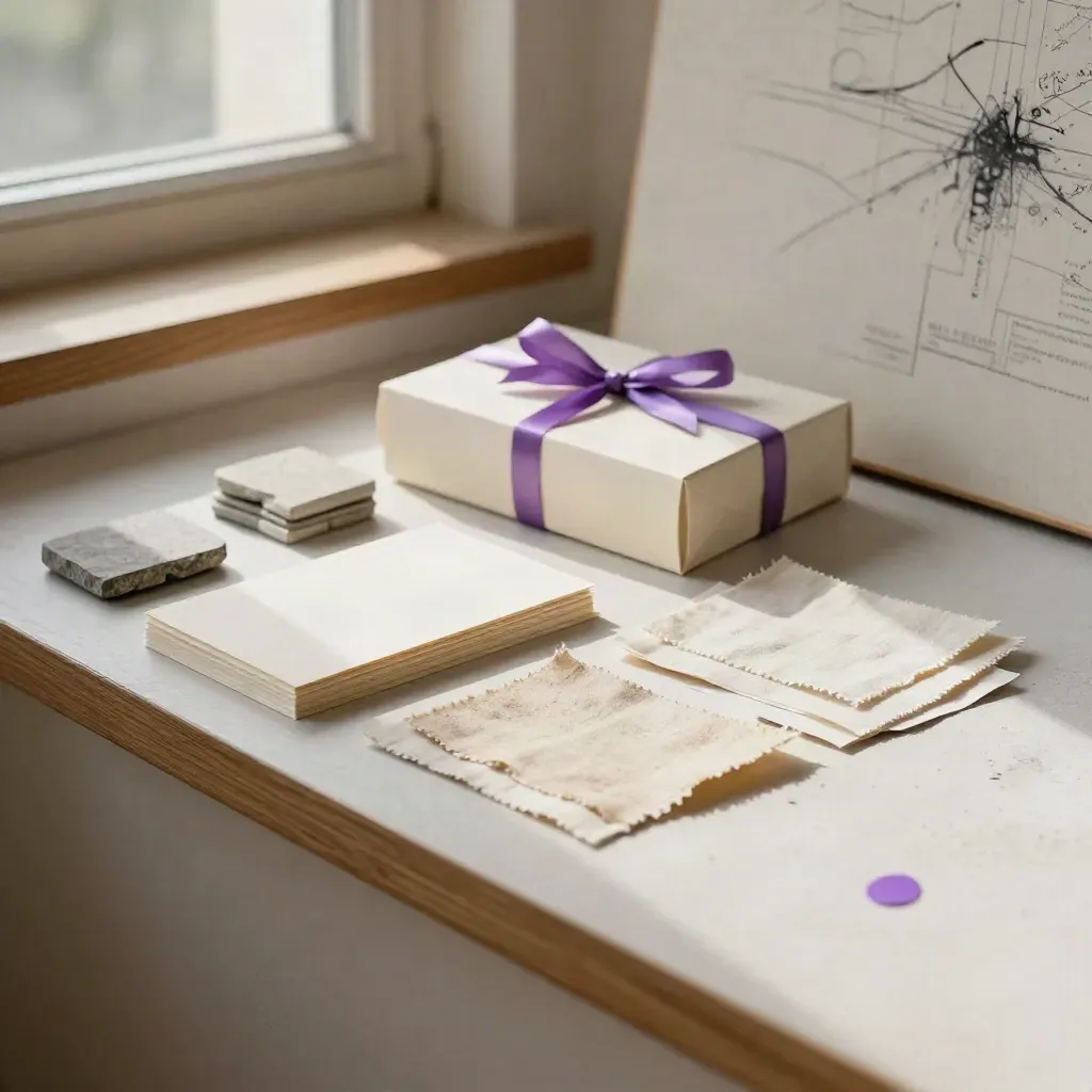 Strategy materials with cards, swatches, chips and a launch box in warm studio light