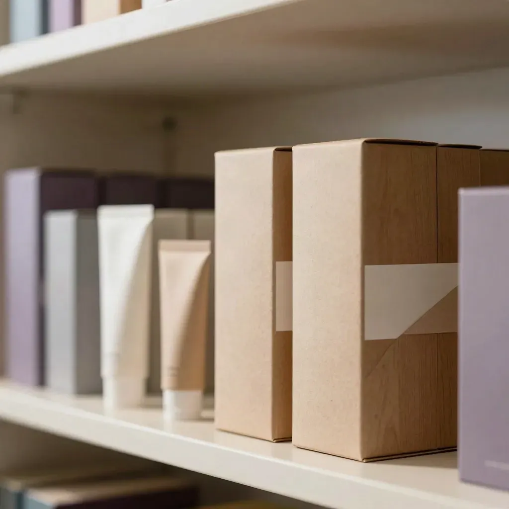 Packaging prototypes on a shelf, lit by a dramatic beam, with paper, vellum, and carton textures.