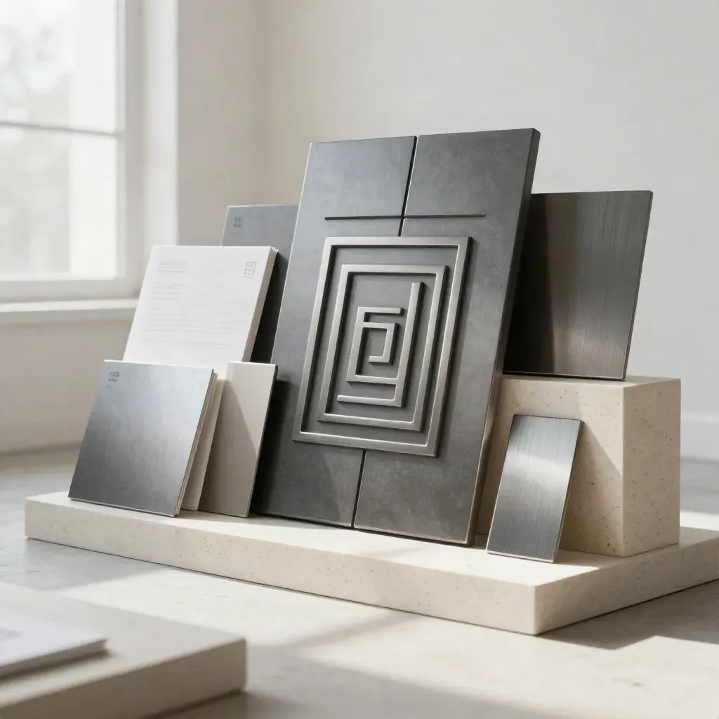 Logo marks, embossed stationery, and metal identity plates on travertine plinths