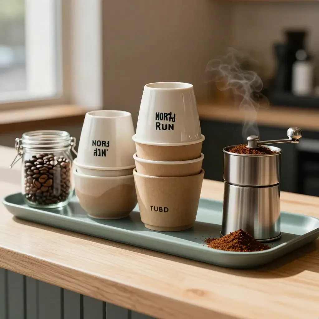 Warm coffee counter with cups, beans, sleeves and grinder in soft window light.