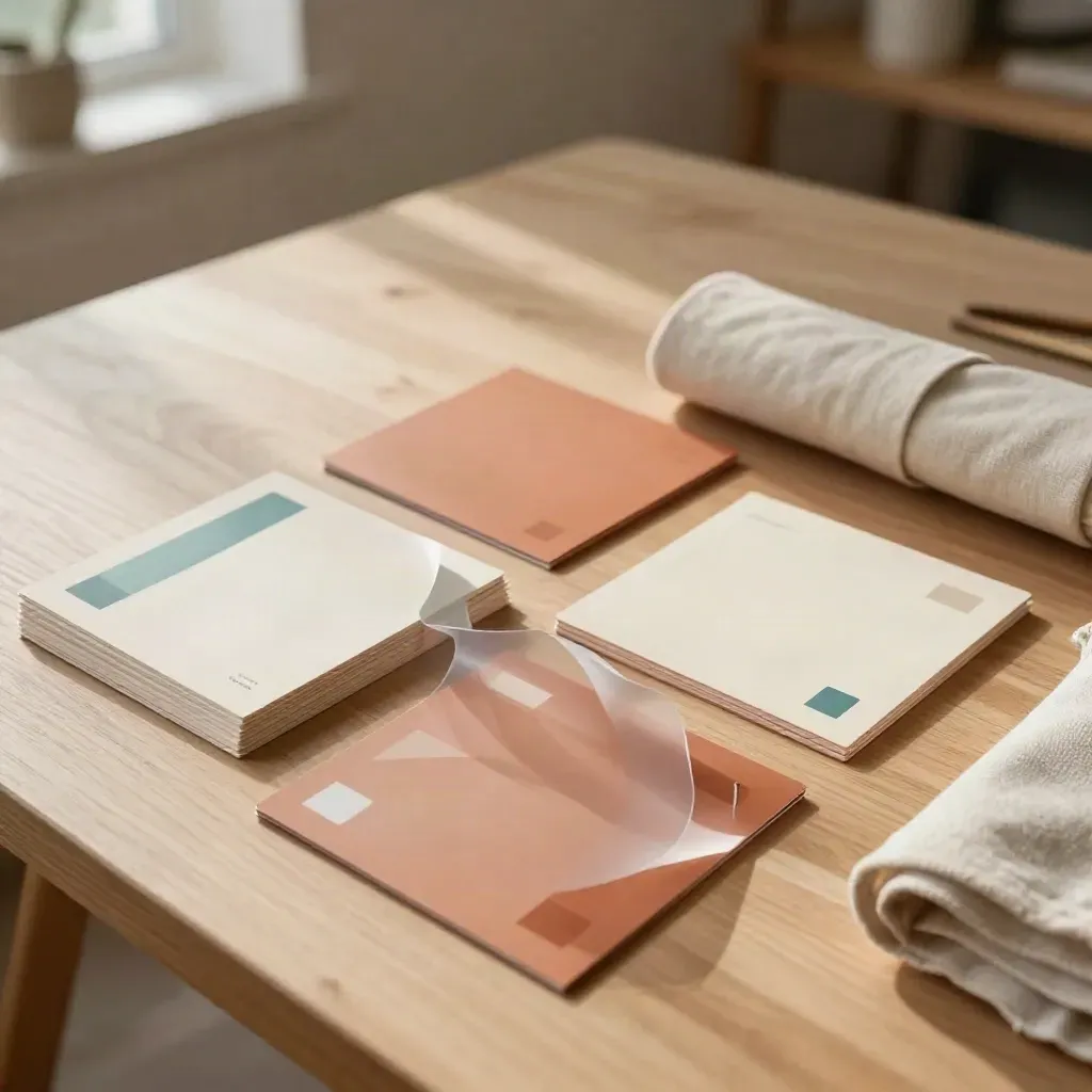 Fanned social graphics proof cards in sleeves on a sunlit clay studio table with teal accents