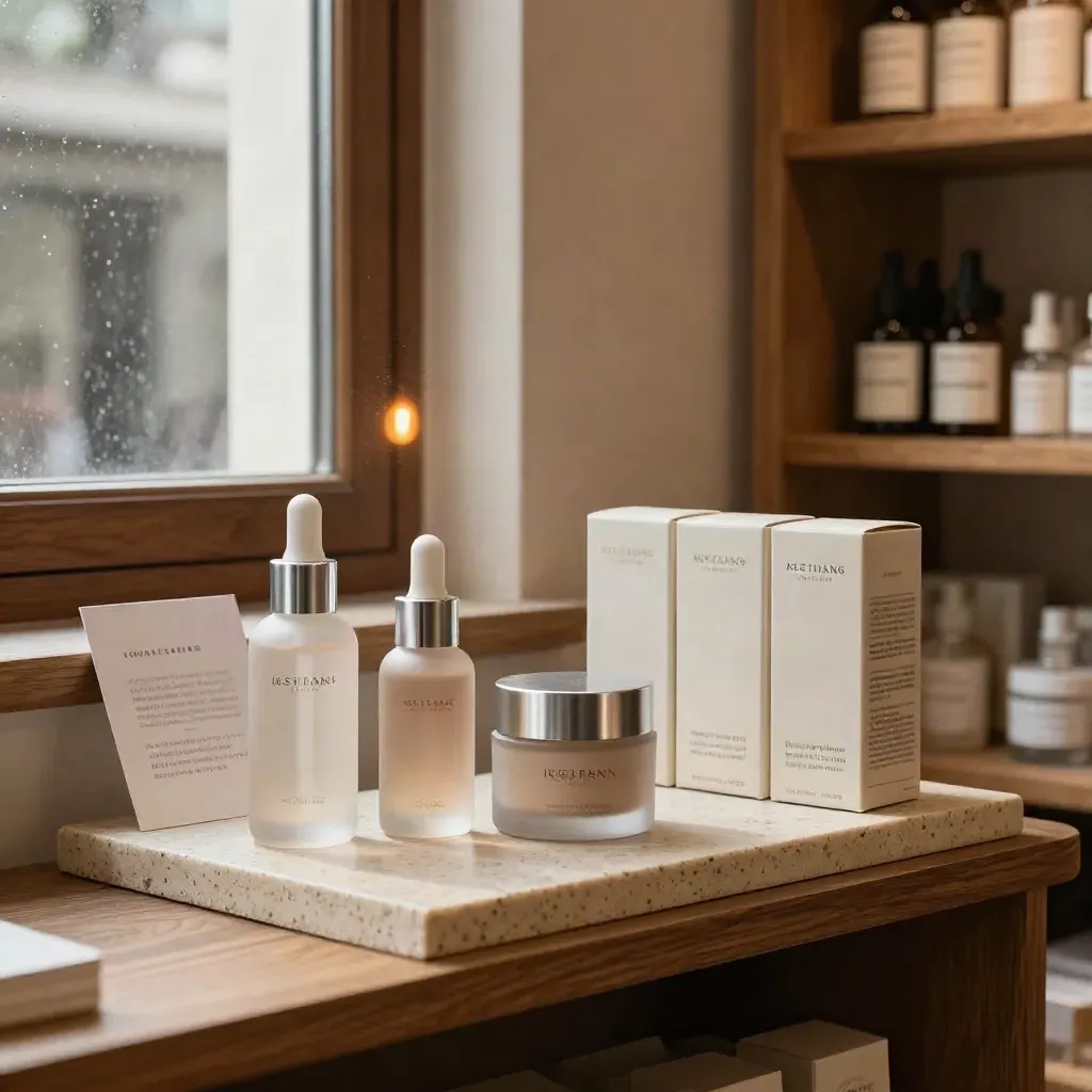 Skincare launch set of frosted bottles, matte jar, and cartons on travertine by a sunlit apothecary window.