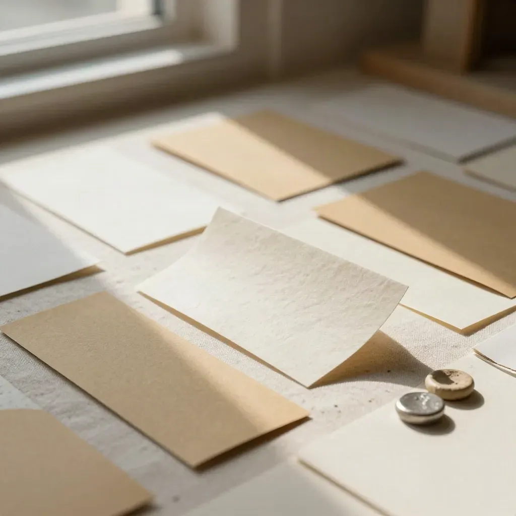 Overhead cluster of blank naming tabs and sample cards on a linen-covered studio surface.