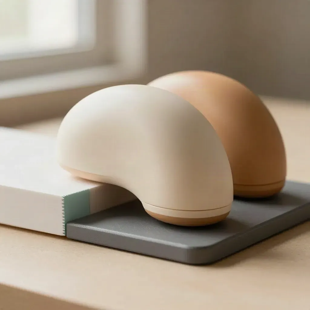 Rounded device mockup shells and a white routing block on a pale studio workbench.