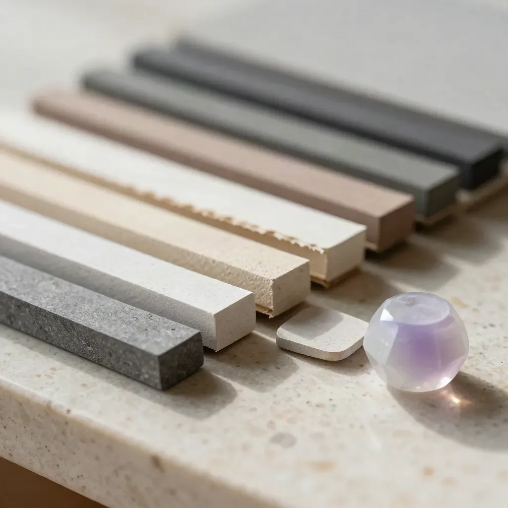 Macro of tone chips, linen swatches and a faceted stone paperweight on pale travertine.