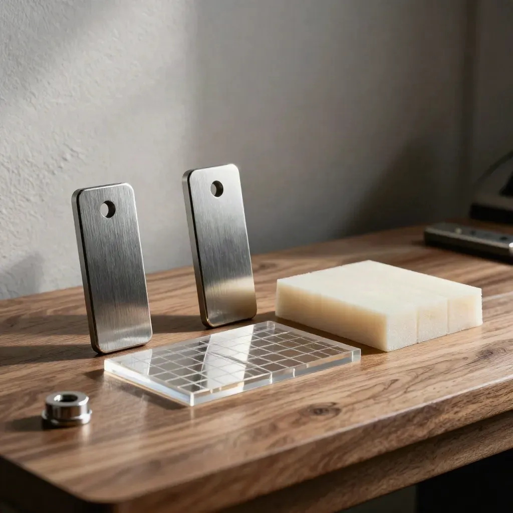 Metal identity pieces and acrylic layout blocks on a walnut drafting slab under dramatic light