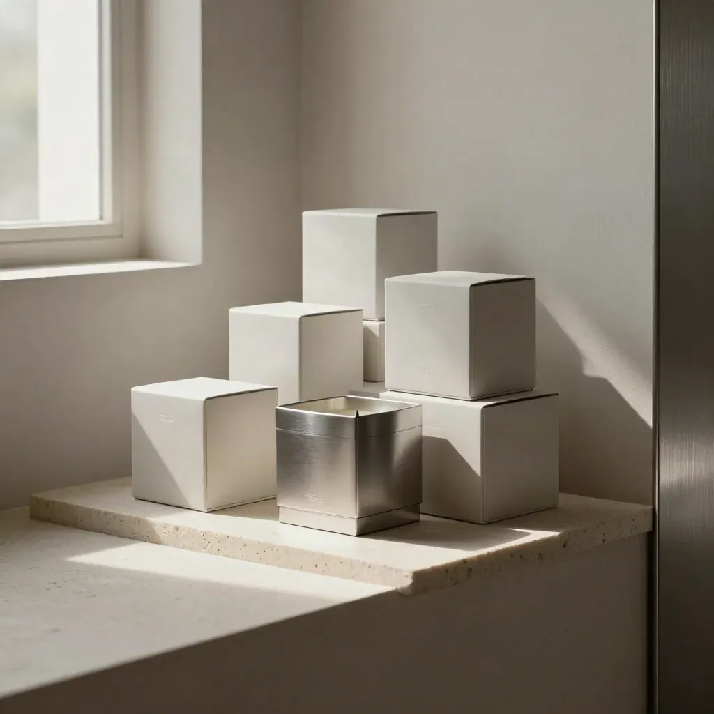 Candle box packaging system stacked on a pale plinth with soft raking light and silver accents