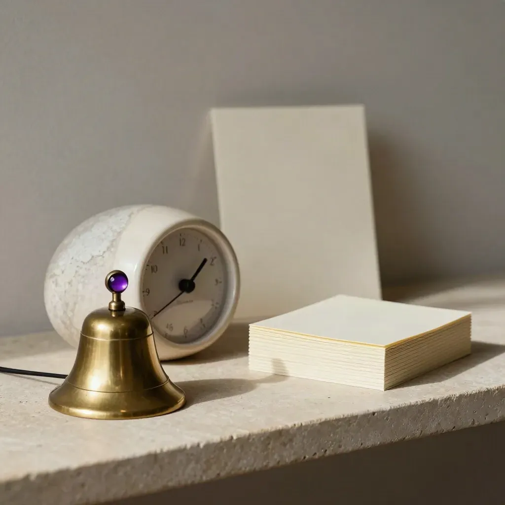 Brass bell, ceramic timer, stone weight and note cards on a stone shelf