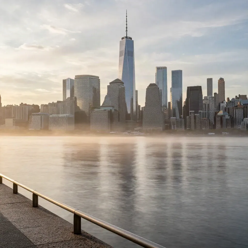 Manhattan skyline over the Hudson from New Jersey at hazy sunrise