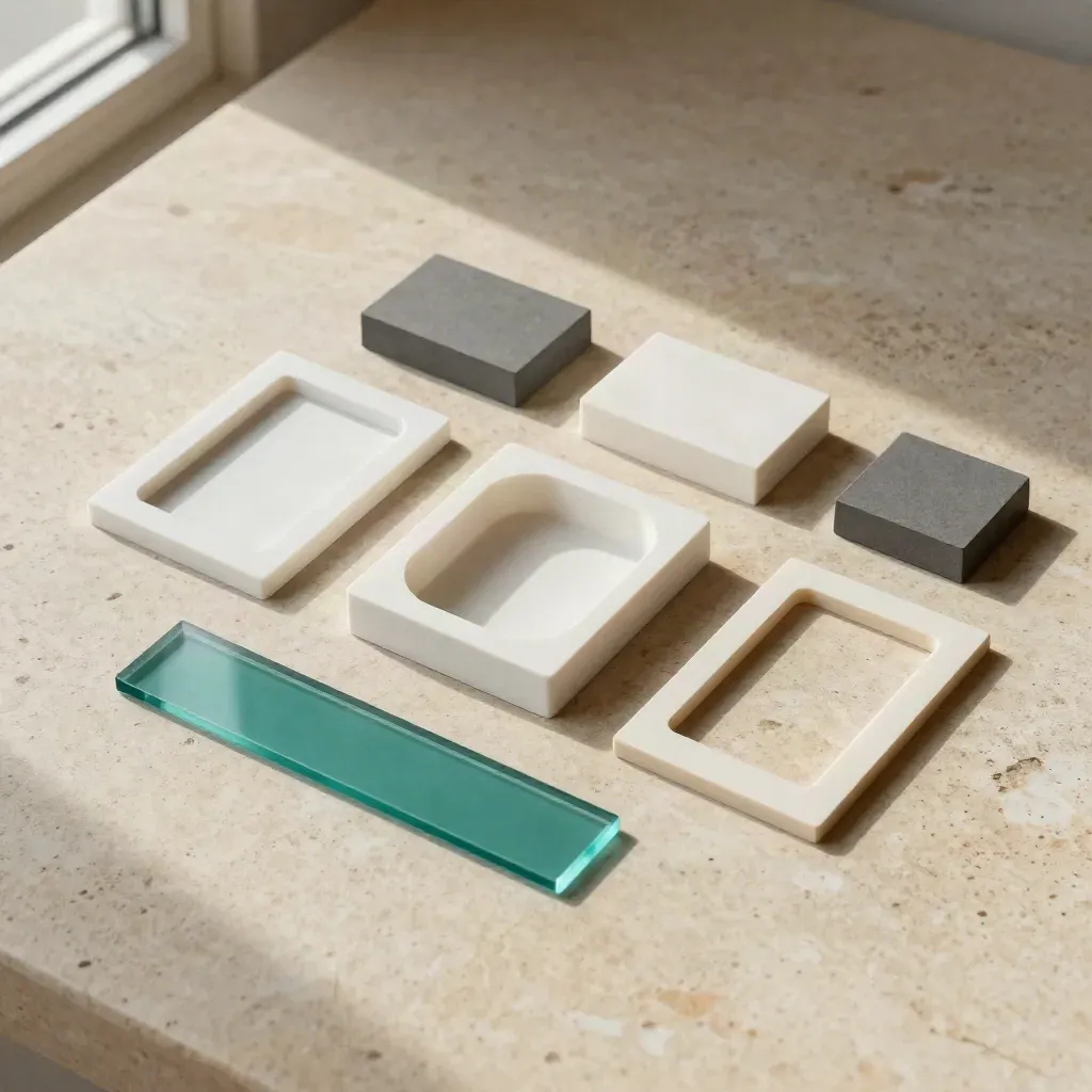 Overhead flatlay of mockup shells, alignment blocks, and teal acetate on pale stone.