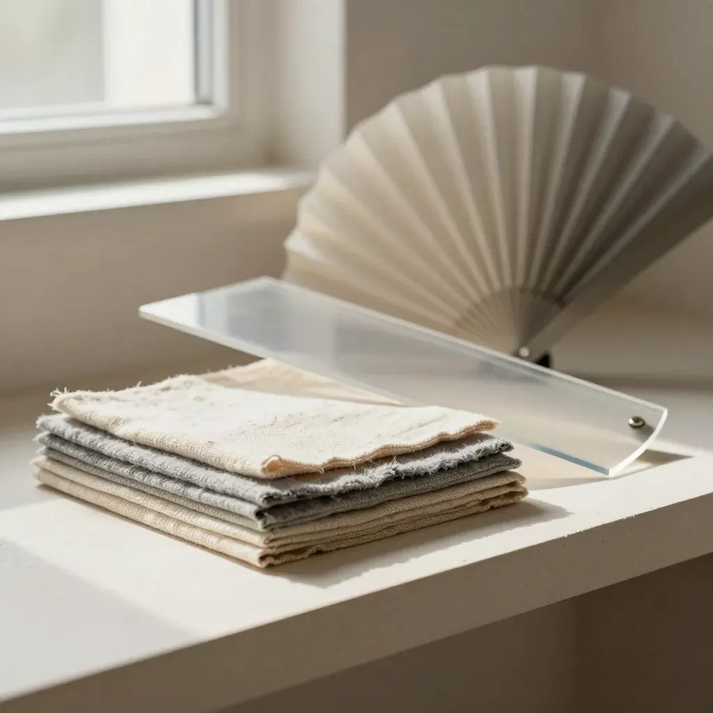 Material swatches, acetate plane, and sculptural fan on a pale plaster shelf.