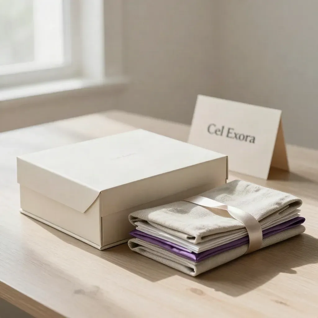 Closed presentation box, folded fabric sleeve, and ribbon-tied deliverables on pale wood in soft light.