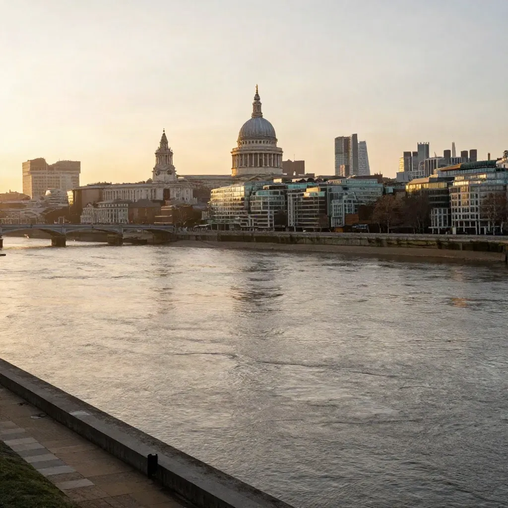Golden-hour Thames view with central London silhouettes above a calm, hazy river foreground.