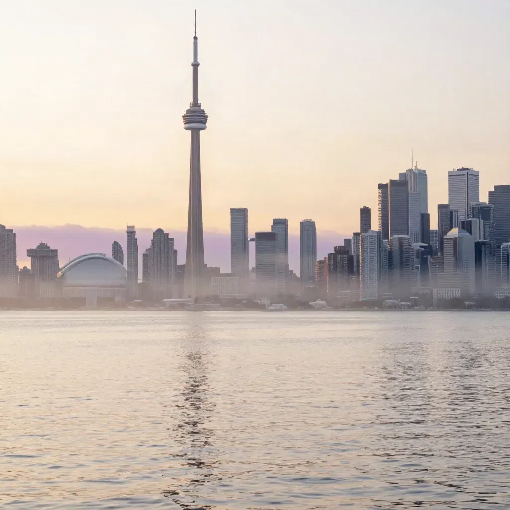 Toronto skyline and CN Tower rising through lake haze above a calm pale-water foreground.