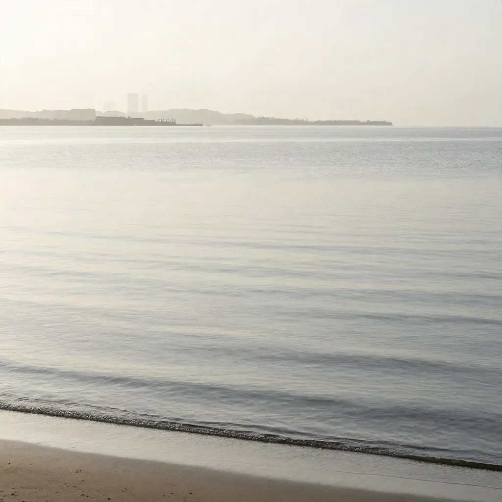 Glassy water and distant low city forms beneath a pale sky with calm open space below.