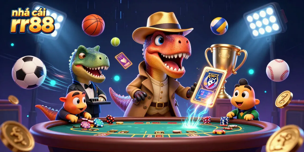 Engage with the vibrant action at nhà cái rr88, showcasing a velociraptor card counter and stegosaurus pit boss in a lively gambling scene.