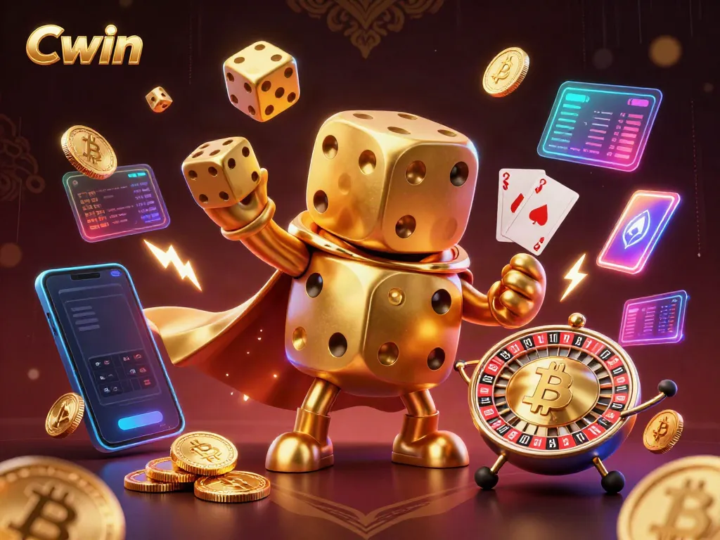 Cwin showcases exciting gameplay with a golden dice golem, illuminated coins, and dynamic casino elements.