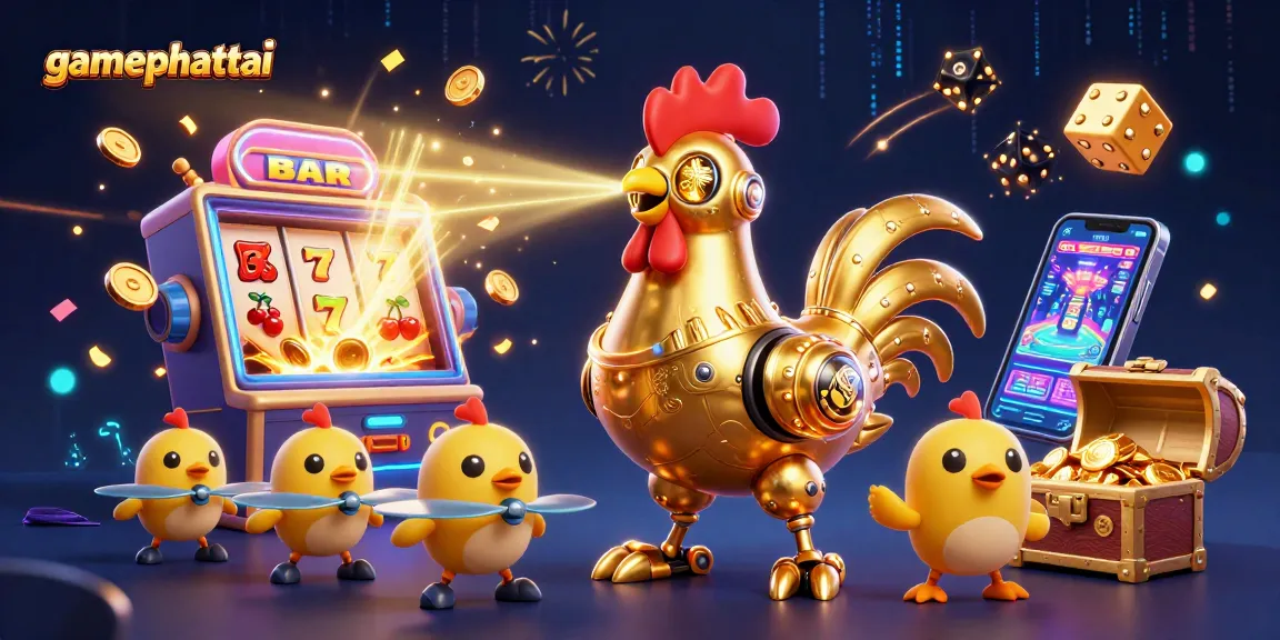 Experience the excitement of gamephattai with a golden rooster robot and dynamic slot machine action.