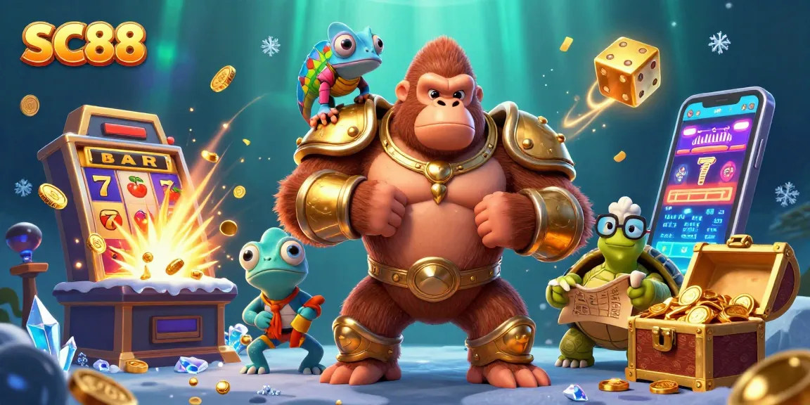 Experience the excitement of SC88 as the mighty gorilla king claims victory amidst a treasure-filled casino scene.