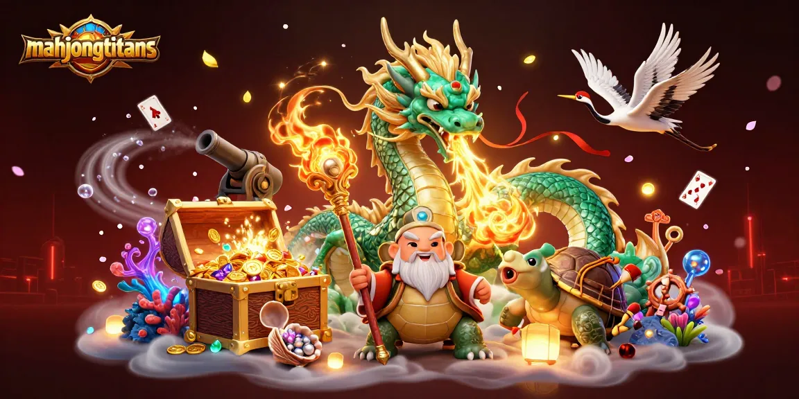 Experience mahjongtitans with an exciting dynamic scene showcasing a dragon, turtle, and cranes amidst treasures.
