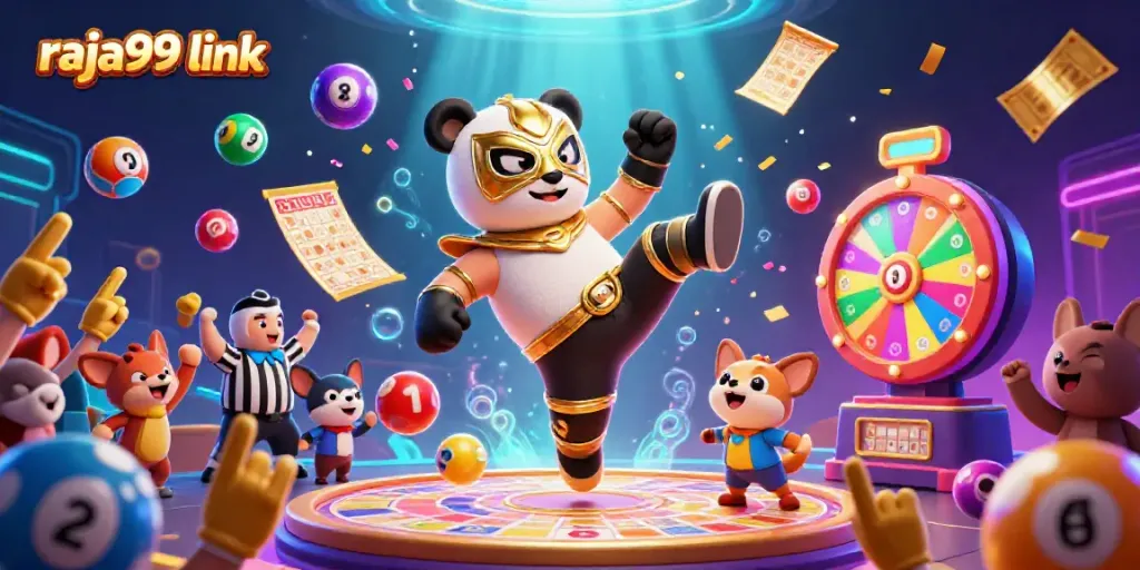 Experience the excitement of winning with raja99 link in this vibrant casino scene featuring a wrestling panda.