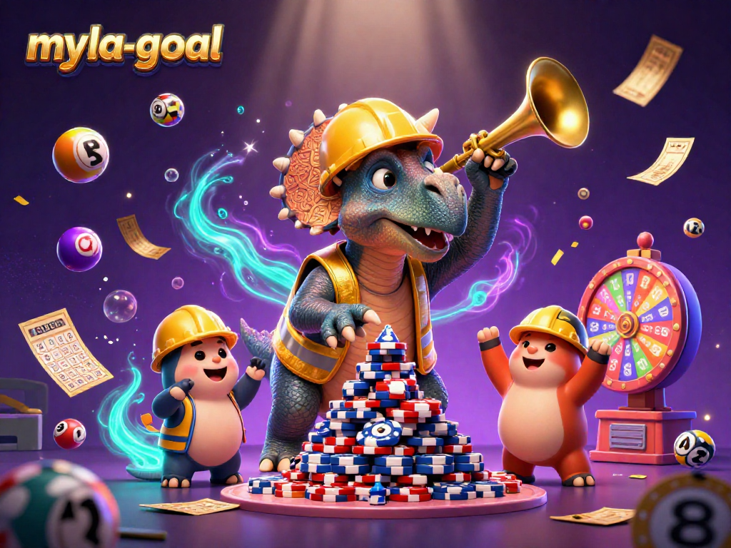 A dynamic scene showcasing myla-goal with cheerful triceratops and parasaurolophus celebrating casino wins amidst vibrant gambling elements.