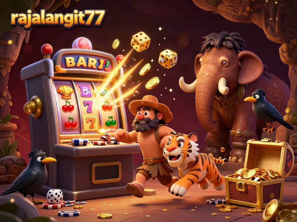 Gambar 3D kartun "rajalangit77" menampilkan kasino prasejarah dengan karakter unik dan elemen kemenangan.
