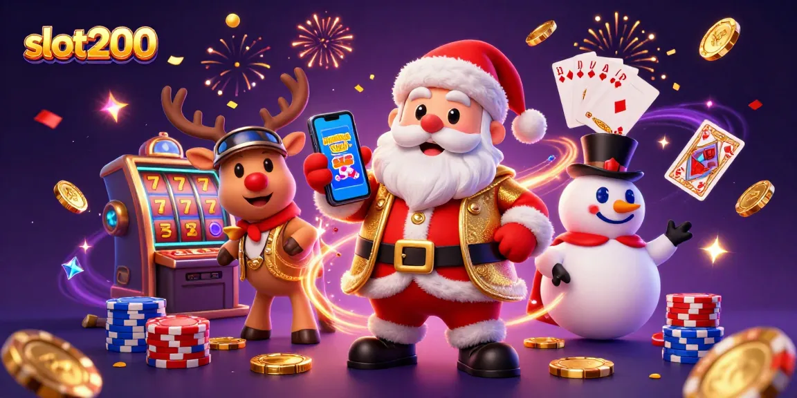 Permainan slot200 di platform kasino digital dengan Santa Claus dan koin emas mengalir.