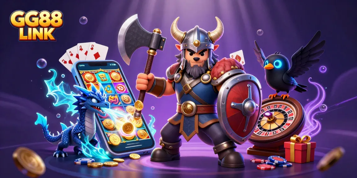 Engage with GG88 LINK to experience thrilling slot games and dynamic casino action depicted in a vibrant 3D illustration.
