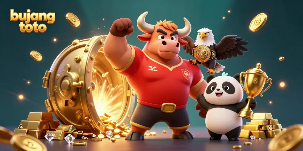 Experience the excitement with bujang toto as a muscular bull celebrates victory in a dazzling casino-themed scene.