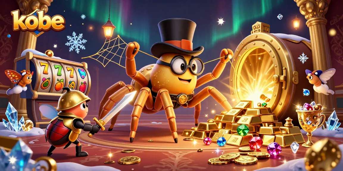 Kobe ignites excitement in a vibrant casino scene filled with wealth, slot reels, and a brave beetle knight.