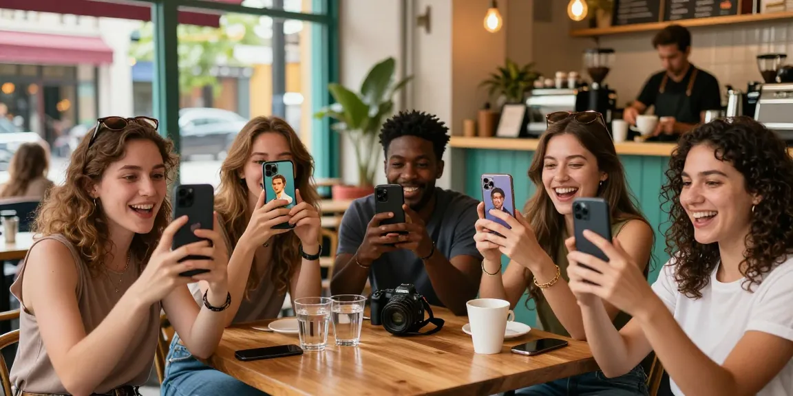 Group enjoying a café moment comparing selfies, looks like a celebrity theme
