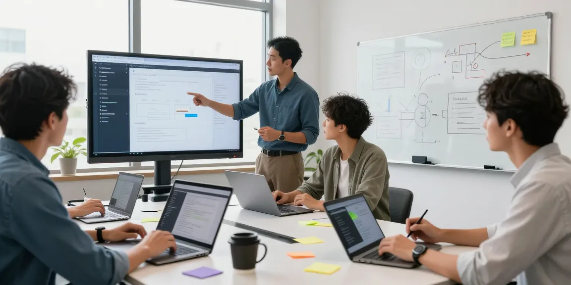 Build internal tools with AI in a vibrant tech workspace showcasing diverse professionals collaborating over innovative projects.