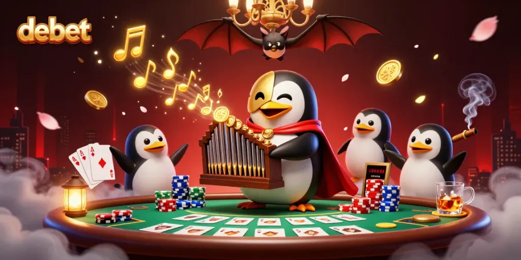 Engage with debet's exciting casino atmosphere, featuring a penguin orchestrating gold coins and poker elements.