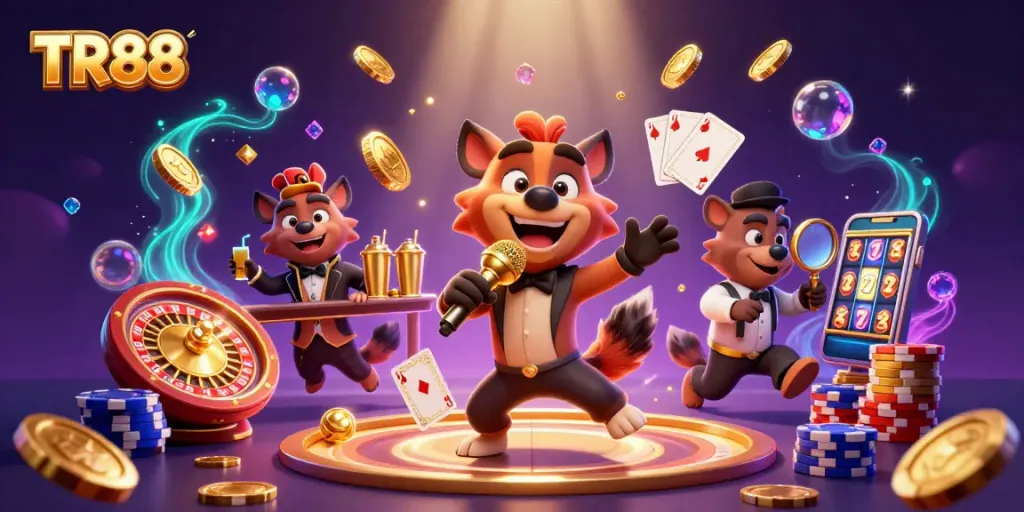 Experience TR88 with hyenas in a lively casino scene, enjoying games and entertainment.