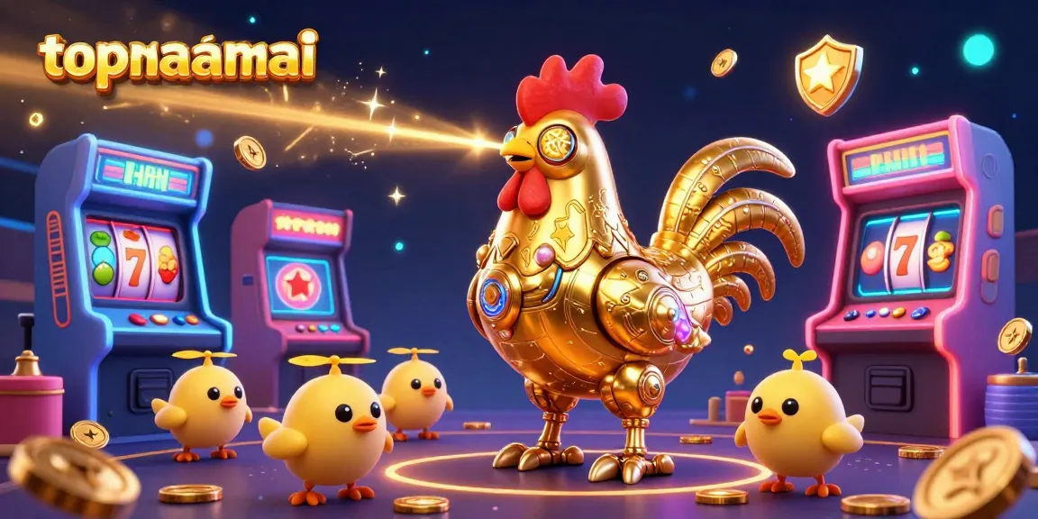 Engage in exciting gameplay at topnhacaimoi with a vibrant 3D gambling scene featuring a golden rooster robot.