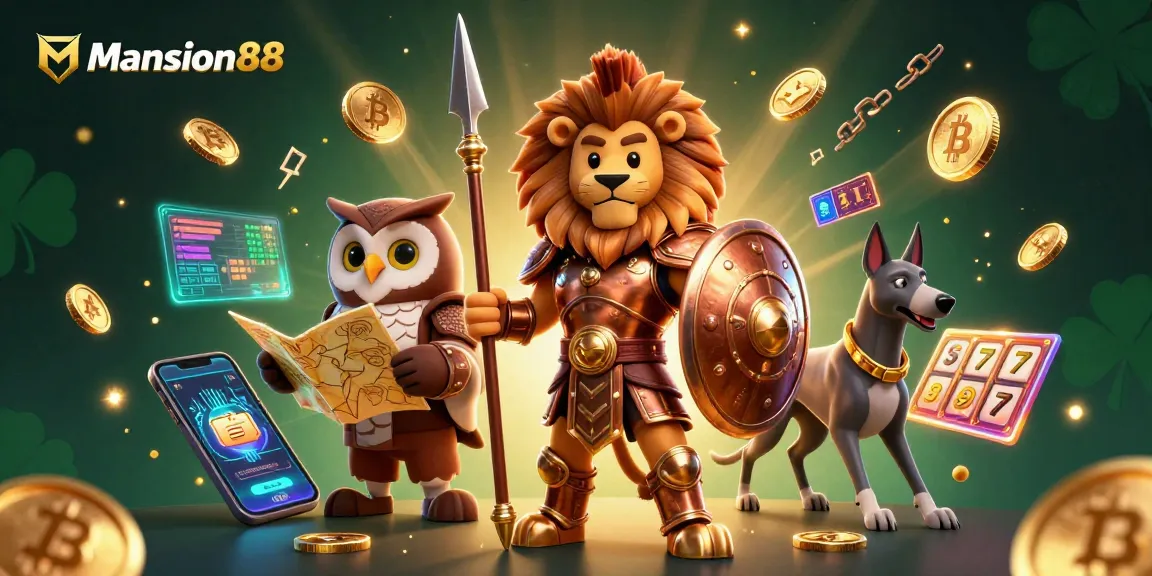 Mansion88 offers thrilling online betting experiences showcased by dynamic gambling characters and crypto elements.