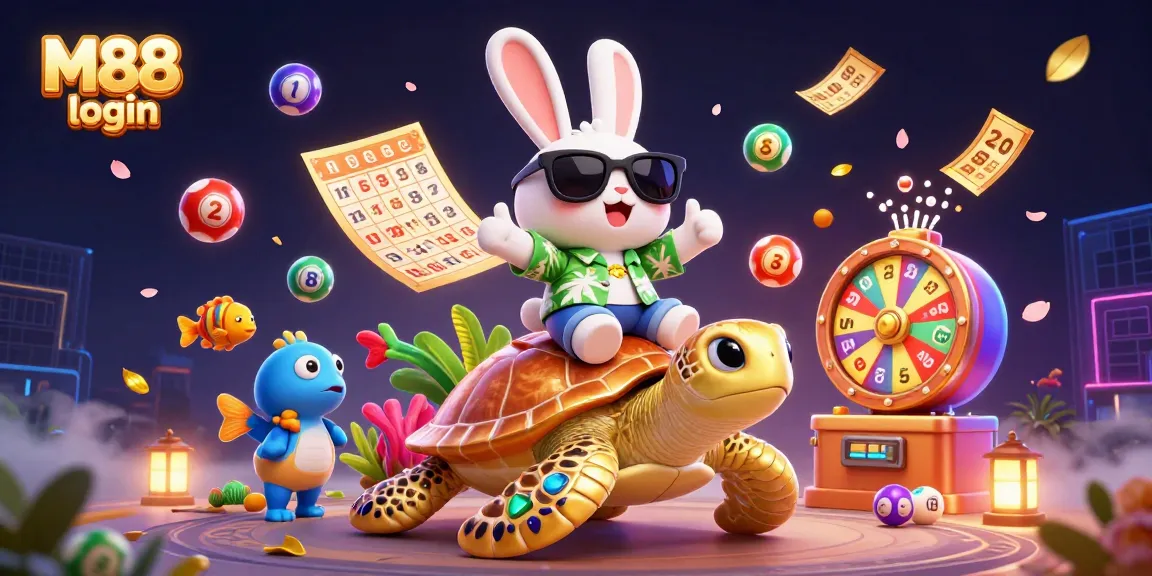 M88 login for exciting wins with a charming lucky rabbit and golden turtle in a vibrant casino scene.