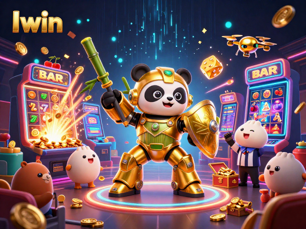 Iwin showcases vibrant 3D casino action with a mech-suit panda and jackpot spins in an energetic arena