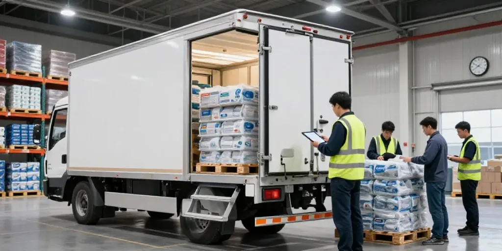 Effizienter Tiefkühltransport Dortmund: Moderne Kühltransporter bei der Arbeit, gefüllte Paletten mit Tiefkühlwaren.