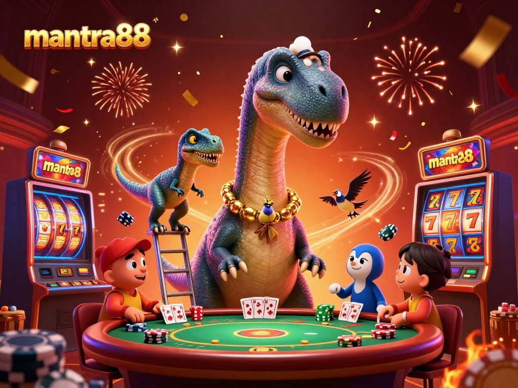 Experience thrilling gameplay with mantra88 at a lively casino, featuring unique characters and festive decorations.