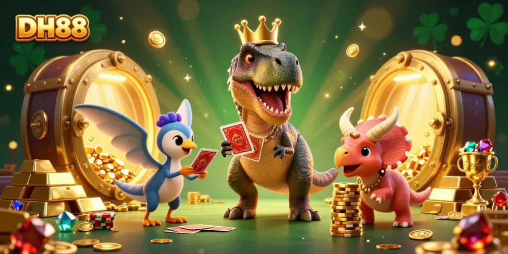 DH88 brings a whimsical casino scene with a T-Rex shuffling cards, gems, and golden chips amidst radiant gold.